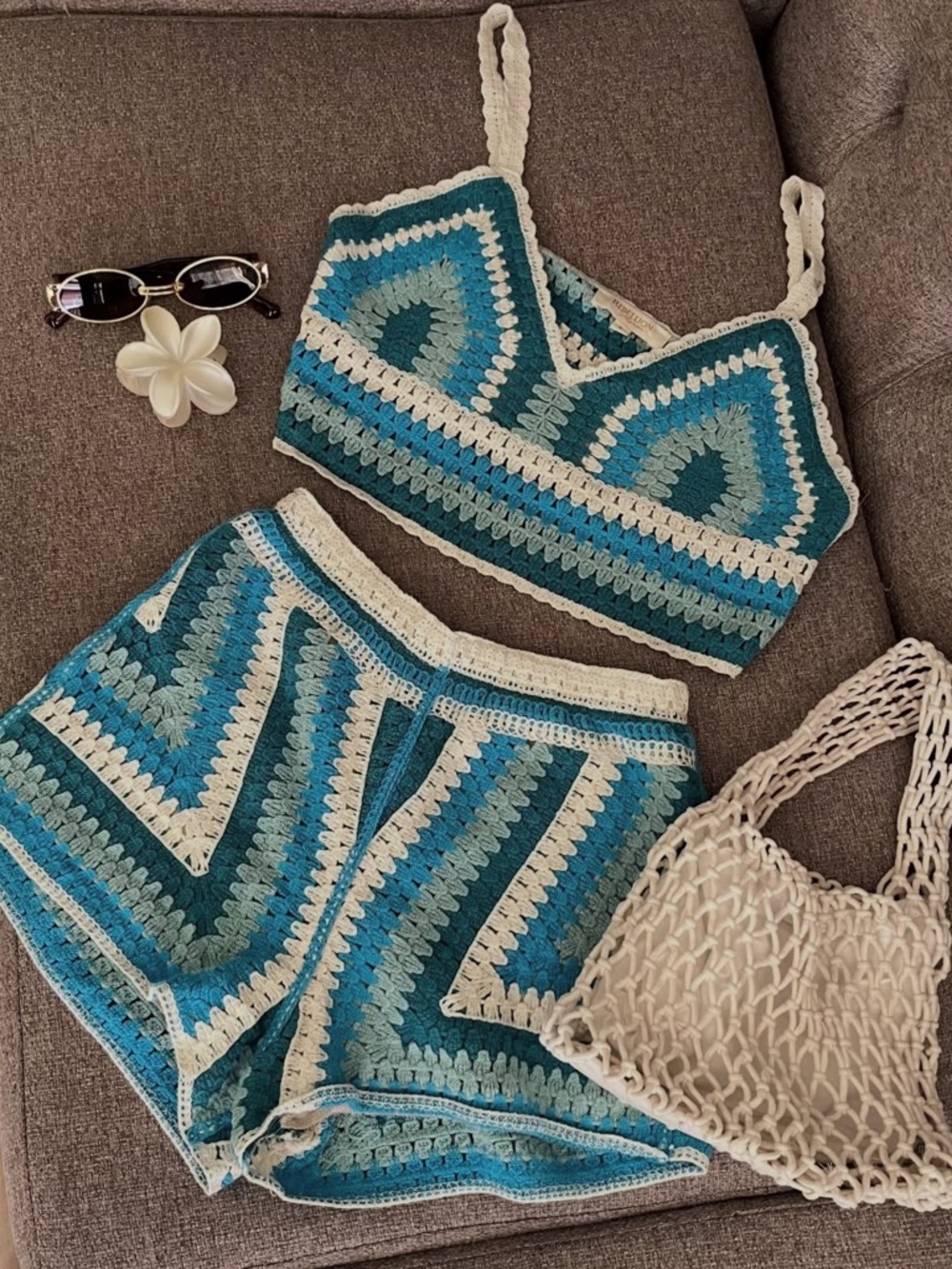 Rebellion Crochet Knit 2-Piece Short/Tank Set. Blue tones, geometric patterns.
